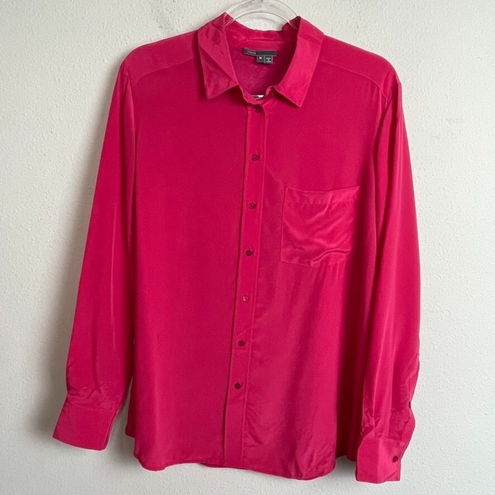 Vince Silk Linen Top Women M Pink Mixed Media Button Up Long Sleeve Minimalist